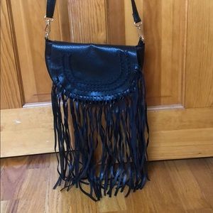 Black faux leather fringe crossbody